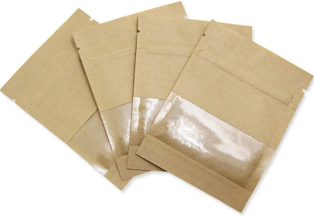 PABCK 500 Pack 5.1x7.08 inch (Inner Size 4.7x5.7 inch) Clear Window Brown Kraft Paper for Zip Bag Seed Packets Lock Food Storage Bags Zipper Lock Envelopes Resealable Heat Seal Pouch Coffee Packet
