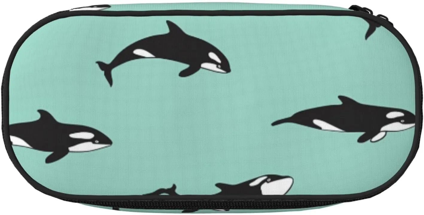 Pacific Ocean Whale Print Oxford Cloth Pencil Case Pouch, Sturdy, Double Zipper, Cosmetic Pencil Storage, Black, One Size, Make-Up Pouch