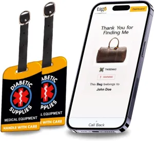 [Pack 2] tag8 Diabetic Supplies Smart Luggage Tag ID Identification | Bag tag for Medical Alert, Insulin Medical Equipment | Airline Compliant, SITA World Tracer Code Enabled | Gift idea
