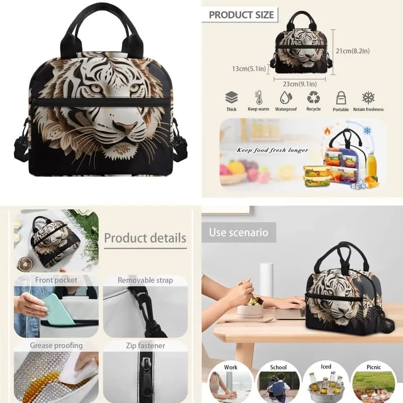 Paper Carving Tiger Schoolbag 3 Piece Set Schoolbag/Cute Tigers Crossbody Reusable Lunch Bag/3D Wild White Tiger Multi Slot Pencil Bag Students Packs Satchel Kids