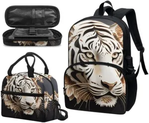 Paper Carving Tiger Schoolbag 3 Piece Set Schoolbag/Cute Tigers Crossbody Reusable Lunch Bag/3D Wild White Tiger Multi Slot Pencil Bag Students Packs Satchel Kids