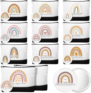Paterr 10 Sets Teacher Appreciation Gifts Bulk for Women Rainbow Canvas Makeup Bags with Compact Mirror Teacher Day Week Gift Inspirational Quotes Cosmetic Zipper Personalized Travel Toiletry Bag