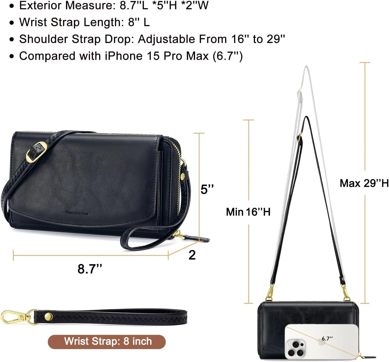 Peacocktion Women Wallet Purse Card Holder with RFID, Large Capacity Crossbody Wristlet Clutch 2 Straps