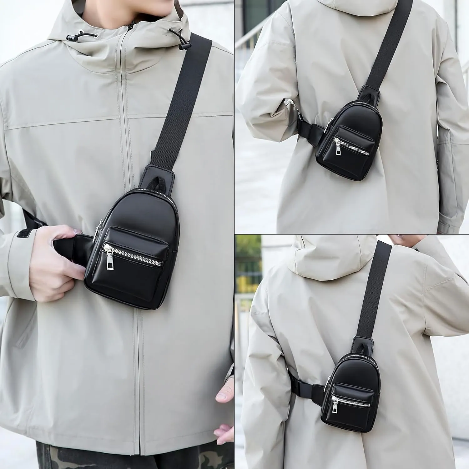 Peicees Mini Leather Sling Bag for Men Women Travel Daily Crossbody Bag Phone Holder