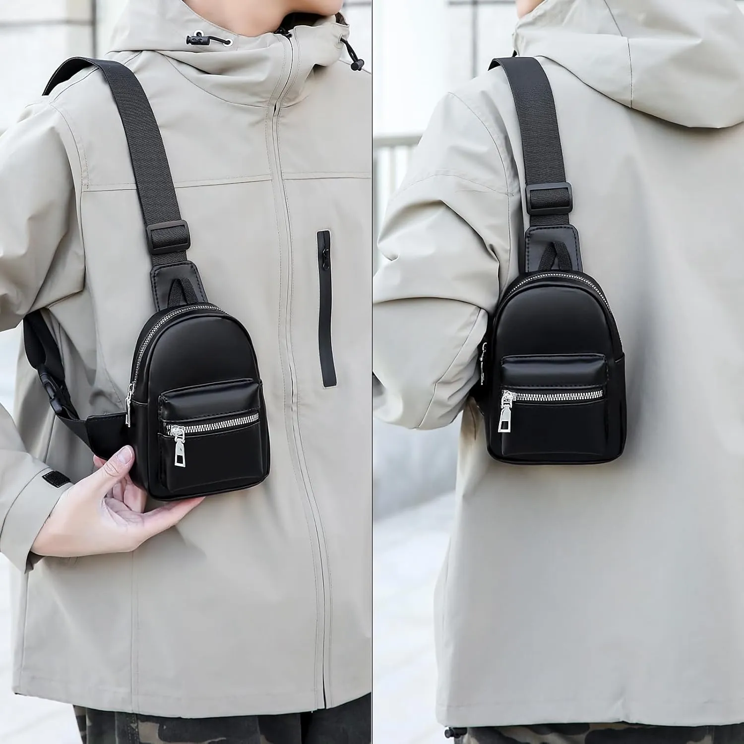 Peicees Mini Leather Sling Bag for Men Women Travel Daily Crossbody Bag Phone Holder