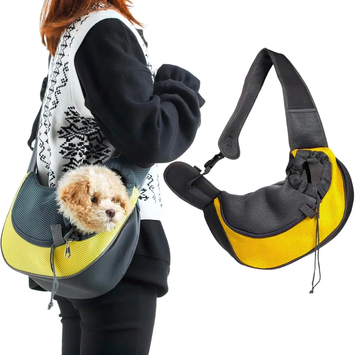 Pet Dog Sling Carrier Puppy Pet Slings Bag for Small Dogs Cats Satchel Carriers Breathable Mesh Hand Free with Adjustable Strap Doggie Crossbody for Outdoor Travel (Yellow, Small <5 lbs)