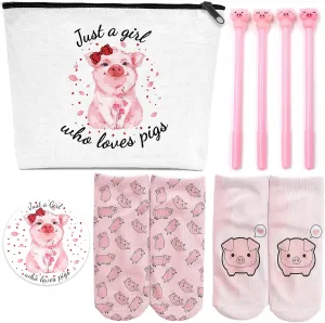 Pig Gifts for Pig Lovers, Travel Cosmetic Bags Portable Makeup Zipper Pouch, Cute Pig Socks, Pigs Writing Gel Ink Pen & Mini Round Mirror, Christmas, Thanksgiving, Birthday Gifts for Girls Women