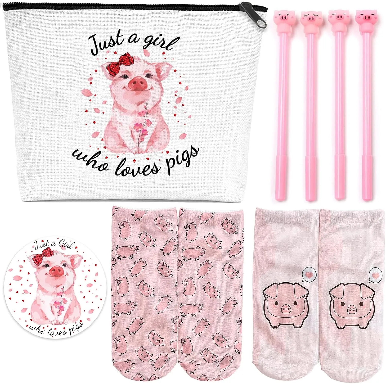 Pig Gifts for Pig Lovers, Travel Cosmetic Bags Portable Makeup Zipper Pouch, Cute Pig Socks, Pigs Writing Gel Ink Pen & Mini Round Mirror, Christmas, Thanksgiving, Birthday Gifts for Girls Women