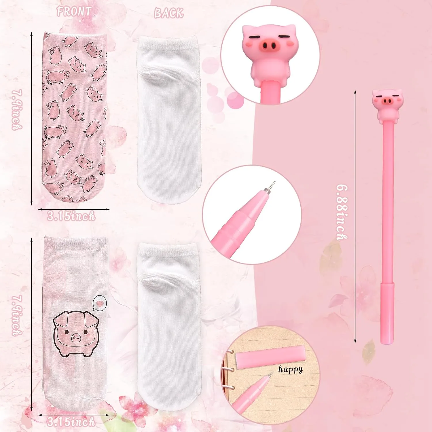 Pig Gifts for Pig Lovers, Travel Cosmetic Bags Portable Makeup Zipper Pouch, Cute Pig Socks, Pigs Writing Gel Ink Pen & Mini Round Mirror, Christmas, Thanksgiving, Birthday Gifts for Girls Women