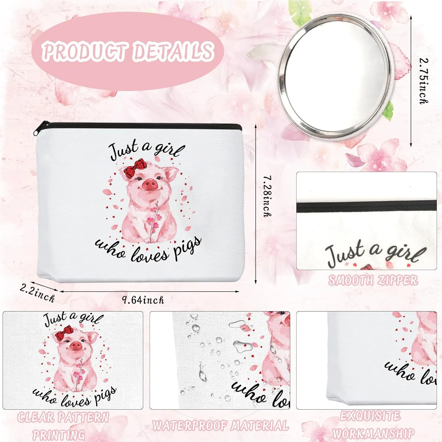 Pig Gifts for Pig Lovers, Travel Cosmetic Bags Portable Makeup Zipper Pouch, Cute Pig Socks, Pigs Writing Gel Ink Pen & Mini Round Mirror, Christmas, Thanksgiving, Birthday Gifts for Girls Women