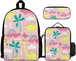 Pink Dinosaur Lightweight Pocket Backpack Crossbody Lunch Bag Set Unisex