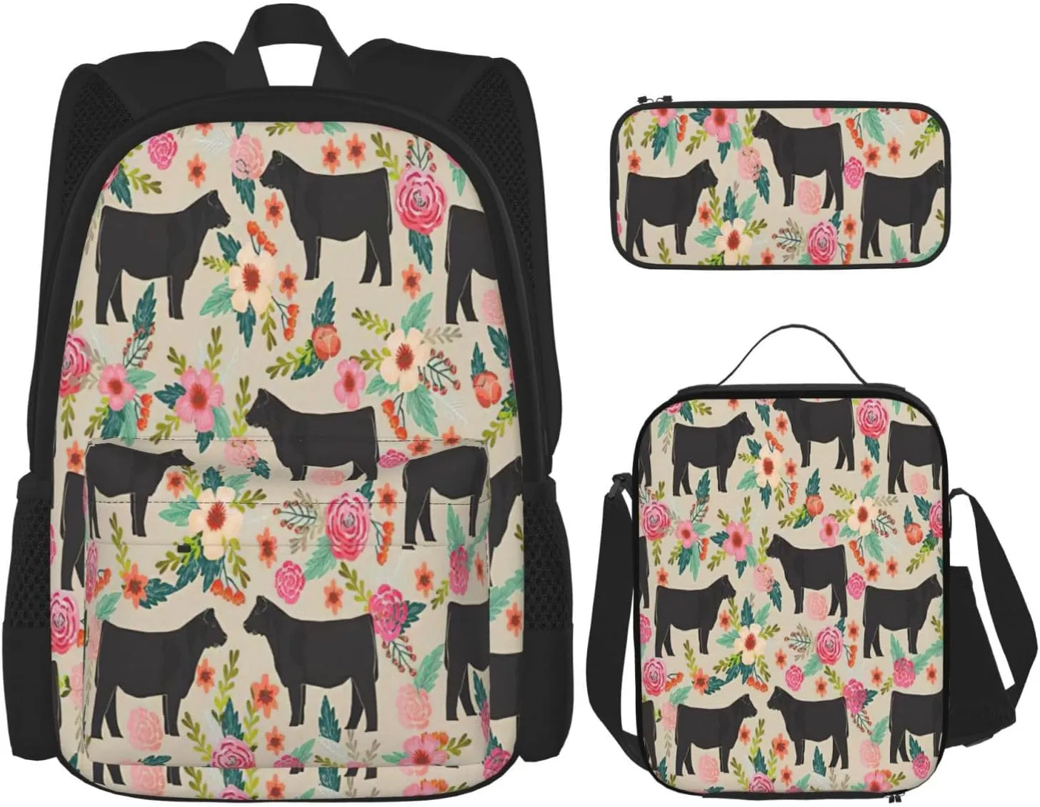 Pink Flower Show Steer Cows Cattle Print Pocket Backpack,Pencil Case And Lunch Bag Set For Men And Women,Large Capacity