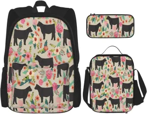 Pink Flower Show Steer Cows Cattle Print Pocket Backpack,Pencil Case And Lunch Bag Set For Men And Women,Large Capacity