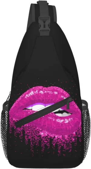 Pink Glittered Lips Crossbody Bag Cross Chest Bag Adjustable Sling Backpack Sports Gym Shoulder Bags Travel Cycling Daypack Diagonally Casual Rucksack