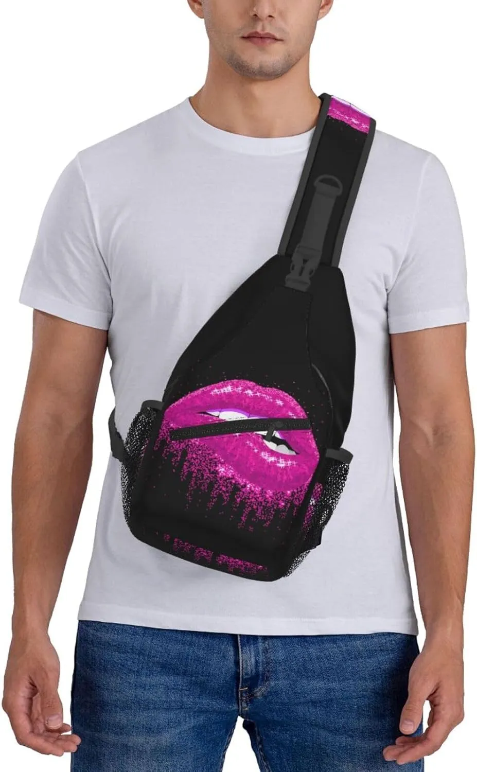 Pink Glittered Lips Crossbody Bag Cross Chest Bag Adjustable Sling Backpack Sports Gym Shoulder Bags Travel Cycling Daypack Diagonally Casual Rucksack