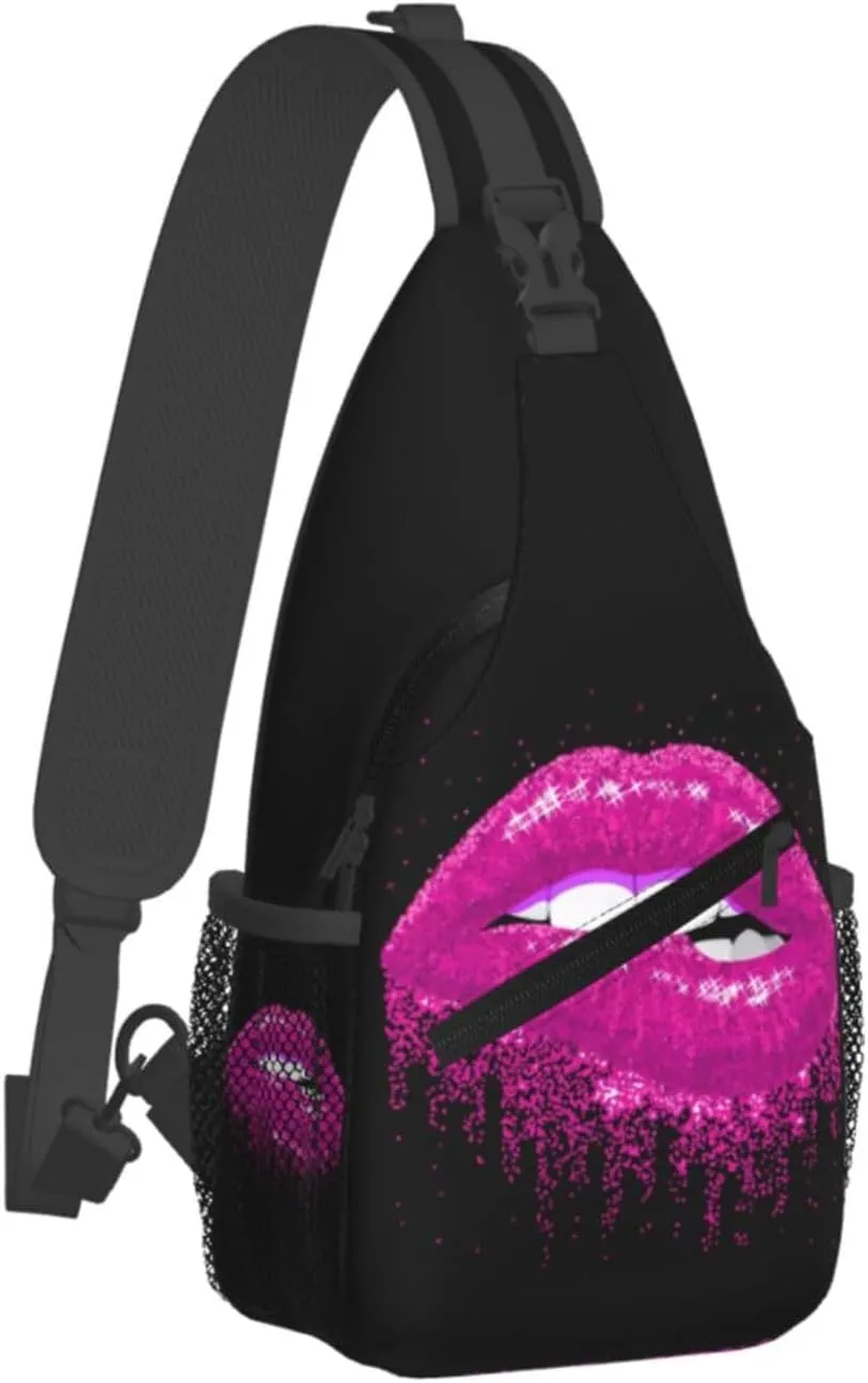 Pink Glittered Lips Crossbody Bag Cross Chest Bag Adjustable Sling Backpack Sports Gym Shoulder Bags Travel Cycling Daypack Diagonally Casual Rucksack