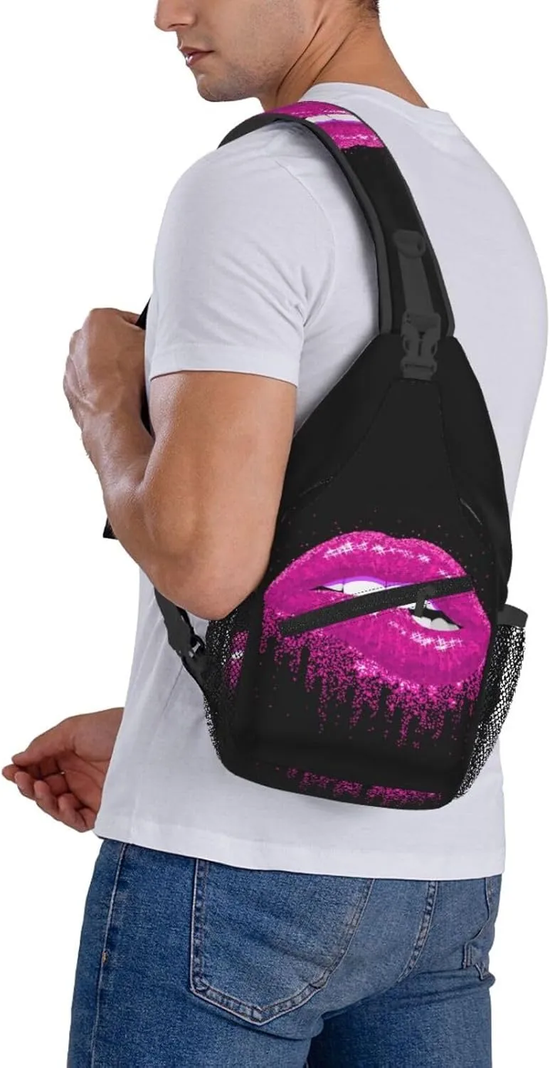 Pink Glittered Lips Crossbody Bag Cross Chest Bag Adjustable Sling Backpack Sports Gym Shoulder Bags Travel Cycling Daypack Diagonally Casual Rucksack