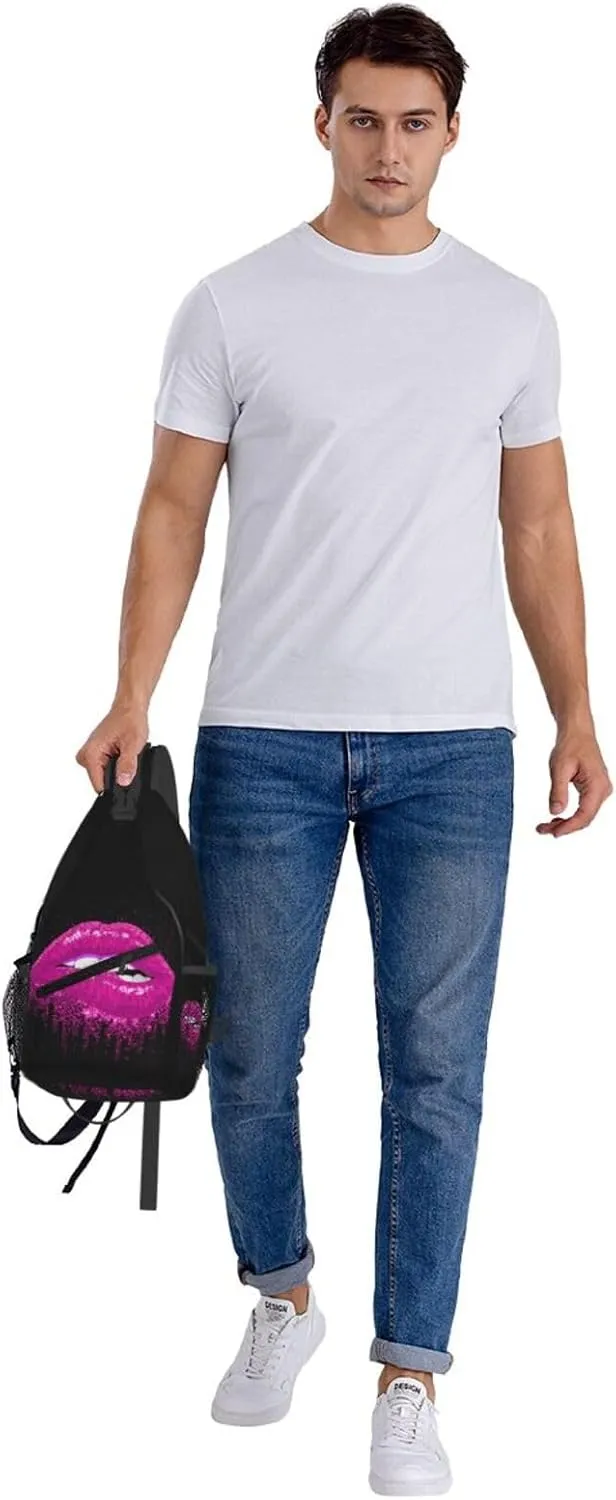 Pink Glittered Lips Crossbody Bag Cross Chest Bag Adjustable Sling Backpack Sports Gym Shoulder Bags Travel Cycling Daypack Diagonally Casual Rucksack