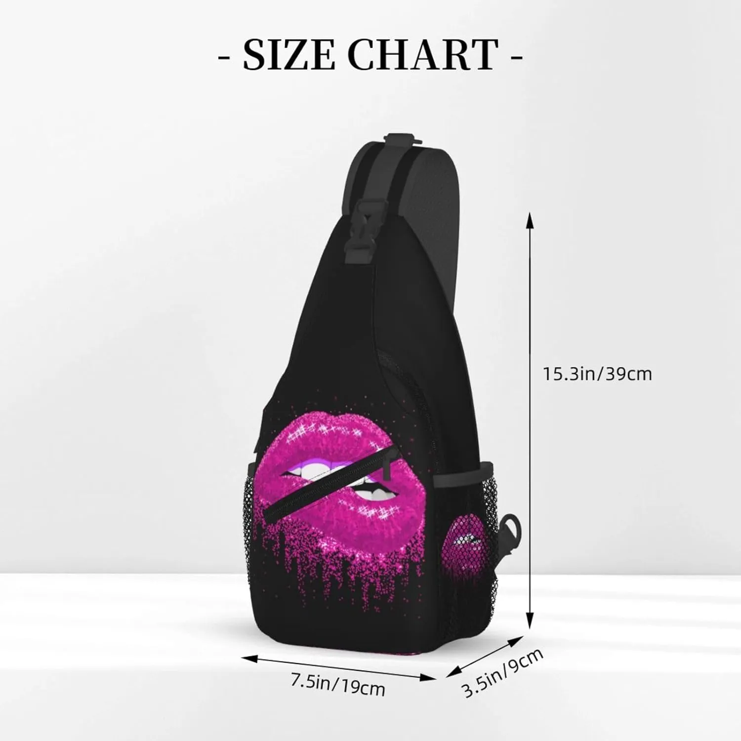Pink Glittered Lips Crossbody Bag Cross Chest Bag Adjustable Sling Backpack Sports Gym Shoulder Bags Travel Cycling Daypack Diagonally Casual Rucksack