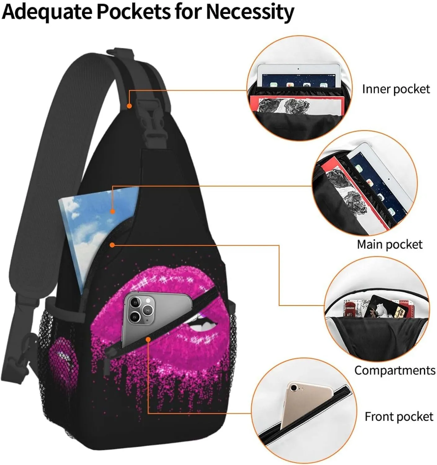 Pink Glittered Lips Crossbody Bag Cross Chest Bag Adjustable Sling Backpack Sports Gym Shoulder Bags Travel Cycling Daypack Diagonally Casual Rucksack