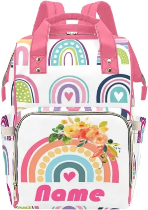 Pink Rainbow Bridge Love Heart - Personalized Diaper Bag Custom Name Multi-functional Waterproof Mom Backpack Maternal Infant Diaper Change Kit or Medical Kit