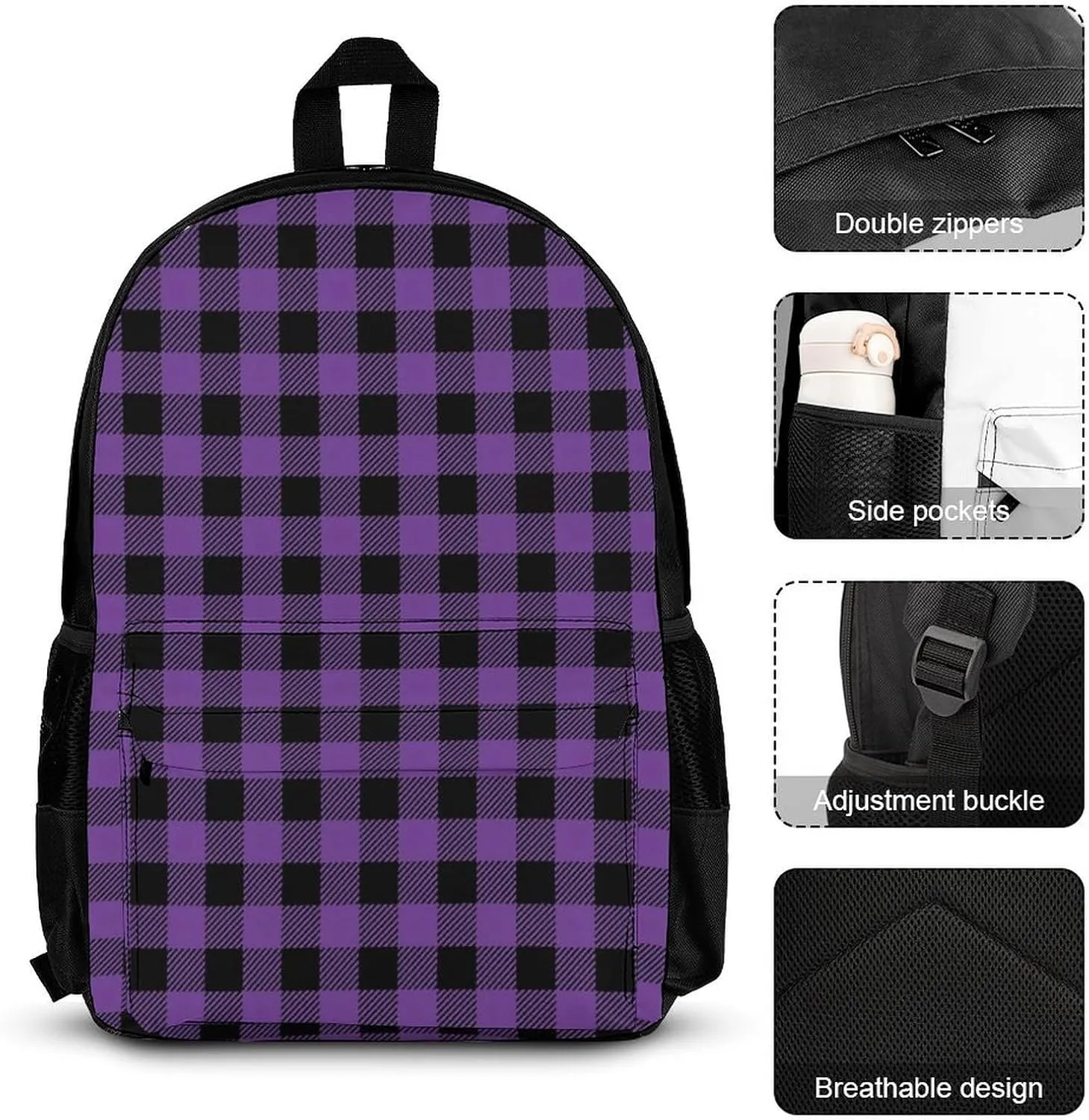 Plaid Purple Black Lightweight Pocket Backpack Crossbody Lunch Bag Set Unisex