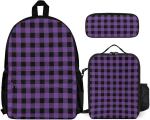 Plaid Purple Black Lightweight Pocket Backpack Crossbody Lunch Bag Set Unisex