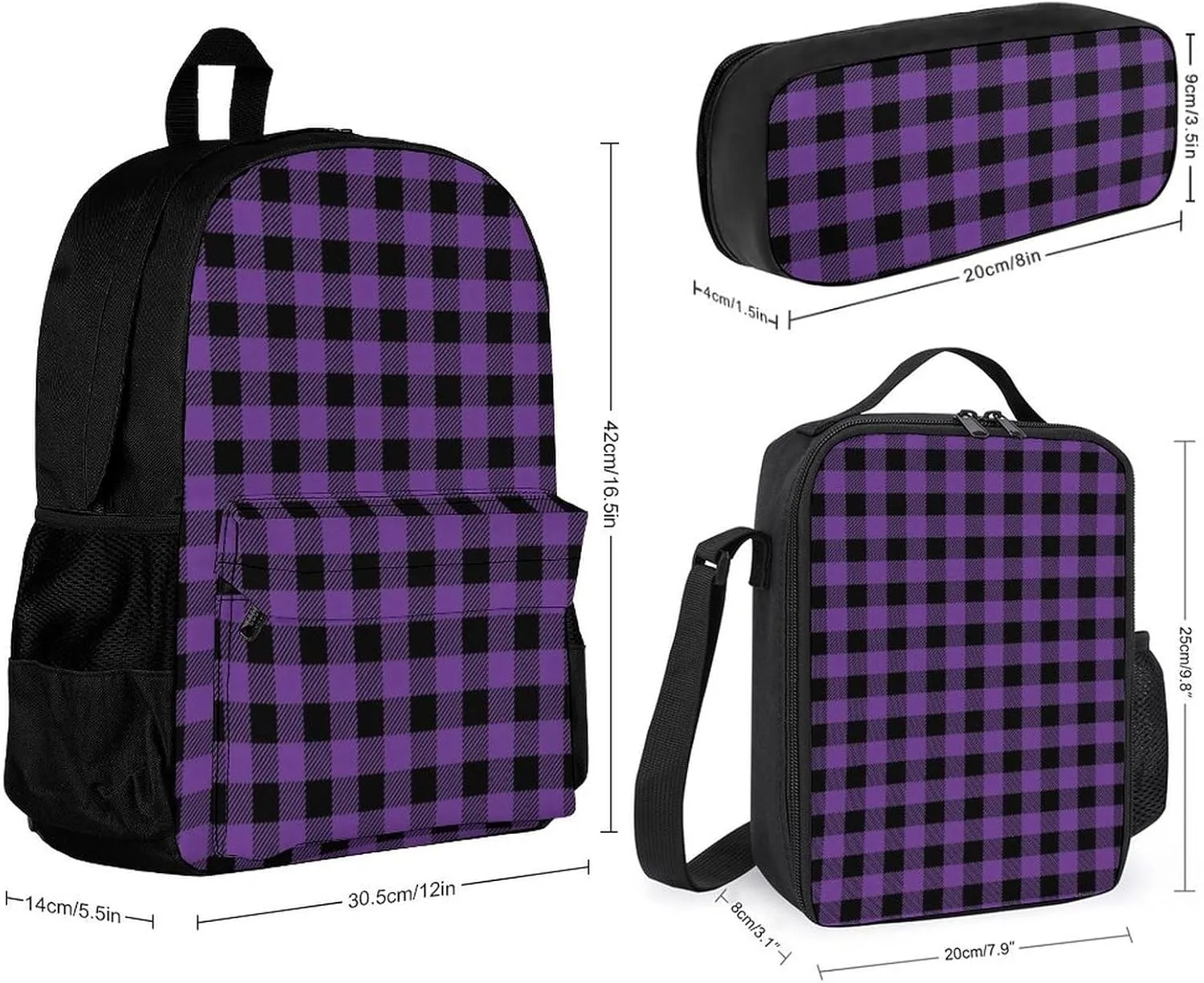 Plaid Purple Black Lightweight Pocket Backpack Crossbody Lunch Bag Set Unisex