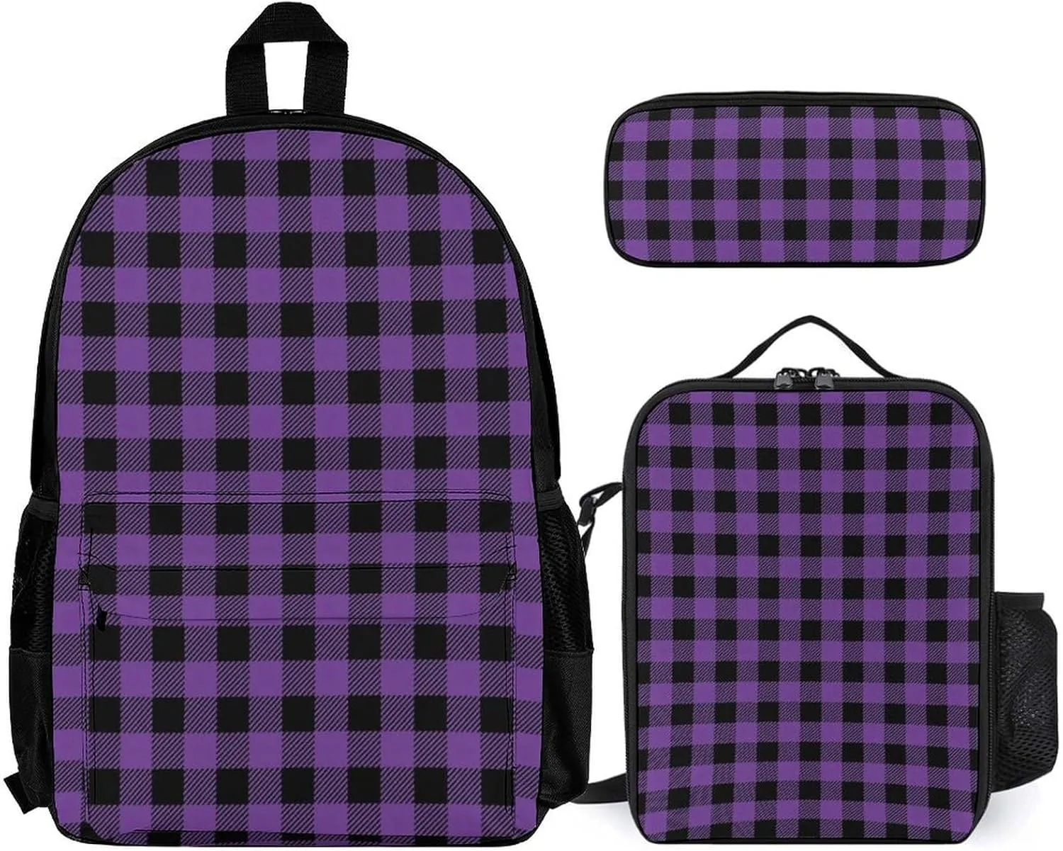 Plaid Purple Black Lightweight Pocket Backpack Crossbody Lunch Bag Set Unisex