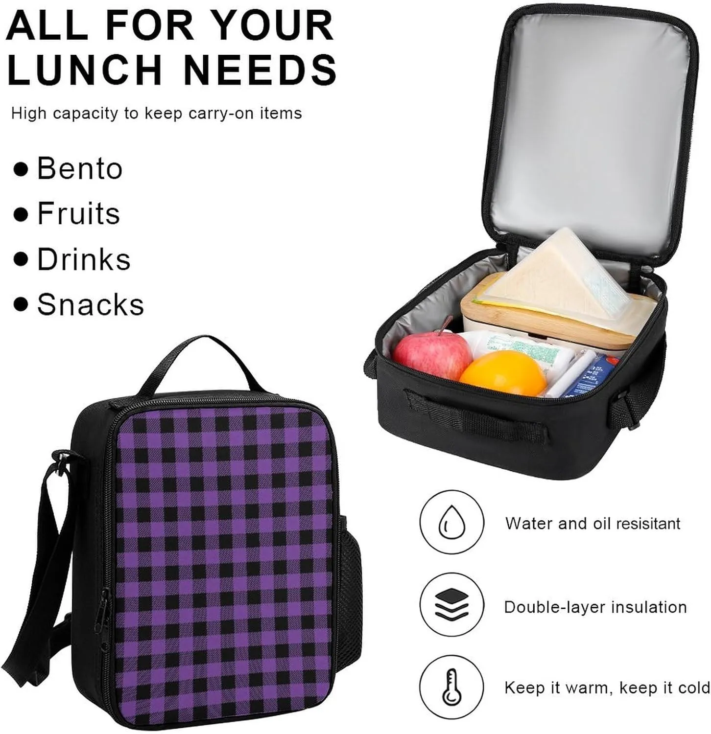 Plaid Purple Black Lightweight Pocket Backpack Crossbody Lunch Bag Set Unisex