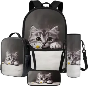 Poceacles 4 Pcs Backpack Set for Girls with Lunch Box Bag Pencil Case Water Bottle Carrier 4 Piece Kawaii Schoolbag and Lunchbag Set for Students Teenagers Kids, Cute Cat Daisy Grey