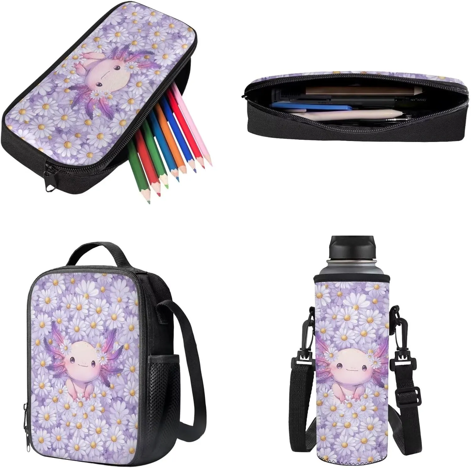 Poceacles 4 Pcs Backpack Set for Girls with Lunch Box Bag Pencil Case Water Bottle Carrier 4 Piece Schoolbag and Lunchbag Set for Students Teenagers Kids, Axolotl Daisy Violet