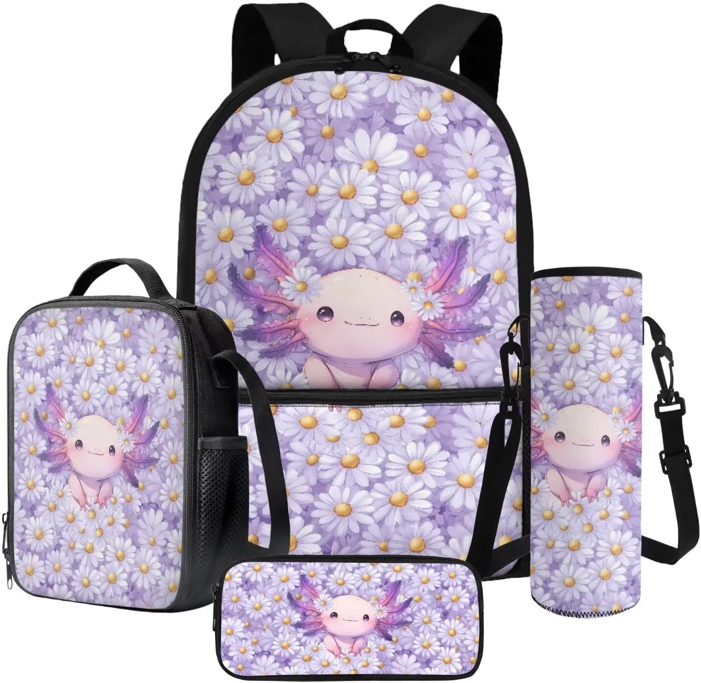Poceacles 4 Pcs Backpack Set for Girls with Lunch Box Bag Pencil Case Water Bottle Carrier 4 Piece Schoolbag and Lunchbag Set for Students Teenagers Kids, Axolotl Daisy Violet