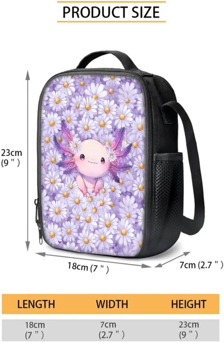 Poceacles 4 Pcs Backpack Set for Girls with Lunch Box Bag Pencil Case Water Bottle Carrier 4 Piece Schoolbag and Lunchbag Set for Students Teenagers Kids, Axolotl Daisy Violet