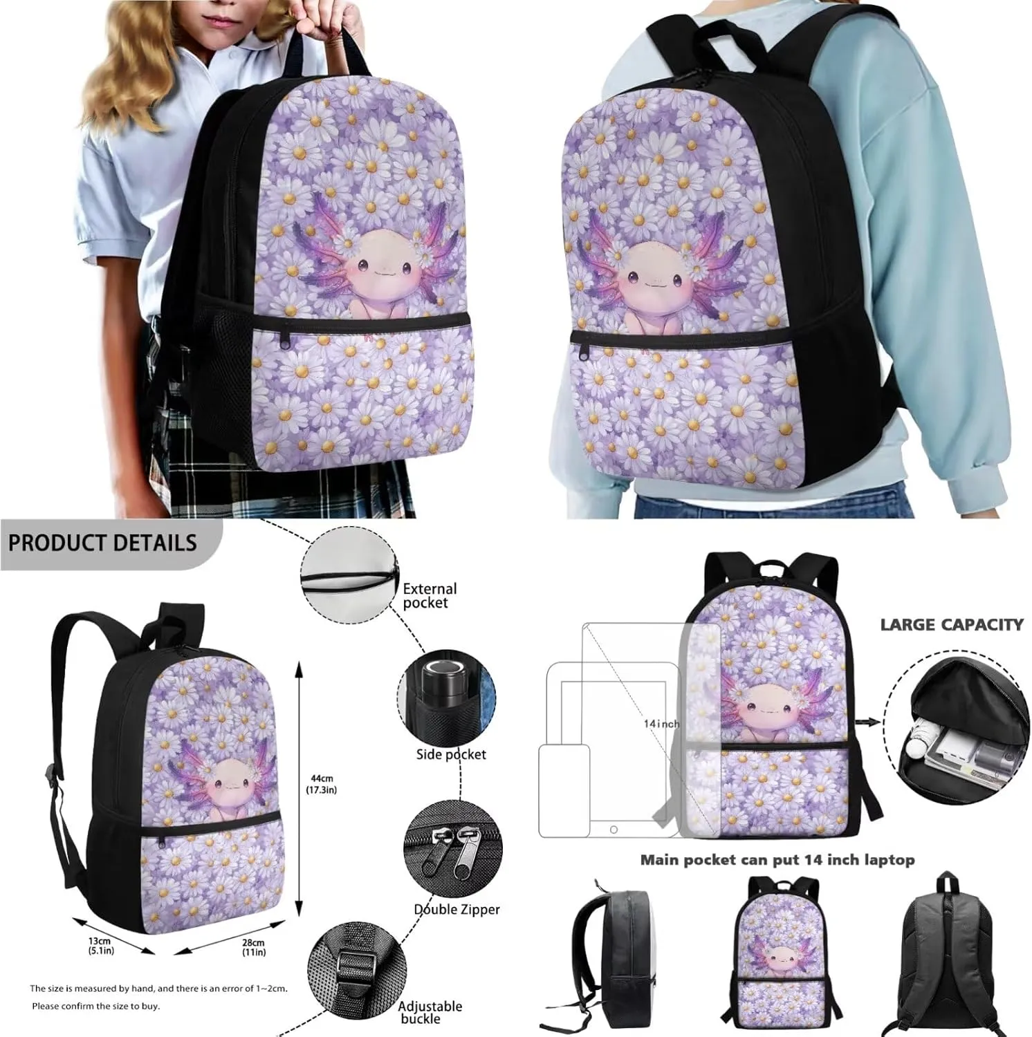 Poceacles 4 Pcs Backpack Set for Girls with Lunch Box Bag Pencil Case Water Bottle Carrier 4 Piece Schoolbag and Lunchbag Set for Students Teenagers Kids, Axolotl Daisy Violet