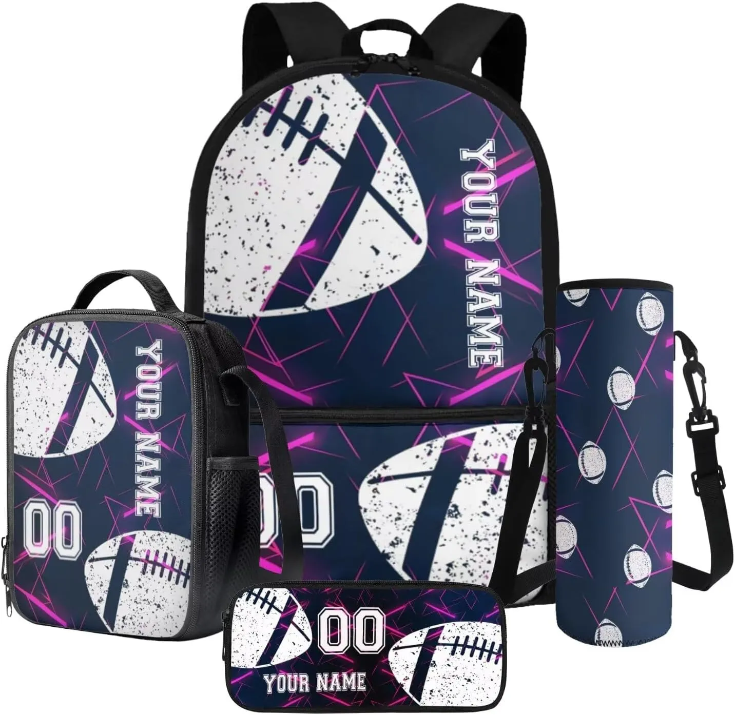 Poceacles 4 Pcs School Bag Set for Kids Teenagers, Personalized Backpack and Lunch Bag Sets Pencil Case Bottle Holder Rucksack Customized Bookbag Set, Abstract Geometric Violet American Football