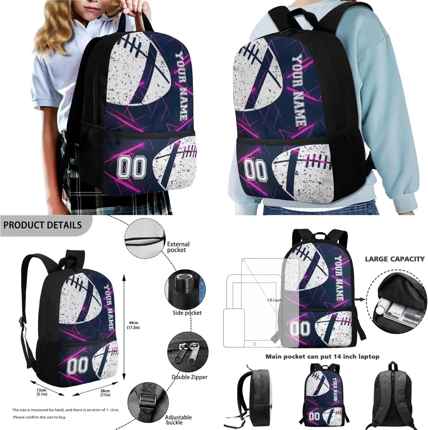 Poceacles 4 Pcs School Bag Set for Kids Teenagers, Personalized Backpack and Lunch Bag Sets Pencil Case Bottle Holder Rucksack Customized Bookbag Set, Abstract Geometric Violet American Football