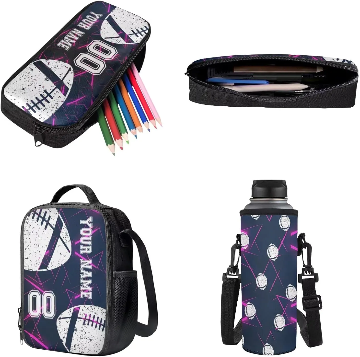 Poceacles 4 Pcs School Bag Set for Kids Teenagers, Personalized Backpack and Lunch Bag Sets Pencil Case Bottle Holder Rucksack Customized Bookbag Set, Abstract Geometric Violet American Football