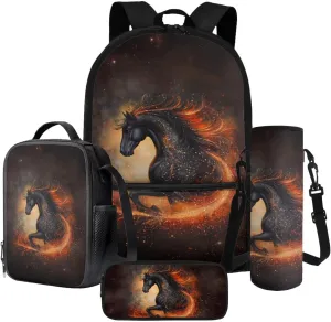 Poceacles Boys Backpack Set 4 Piece Set with School Bag Lunch Bag Pencil Case Water Bottle Holder Pouch with Adjustable Straps, Girls Rucksack for Primary Secondary School, Black Horse
