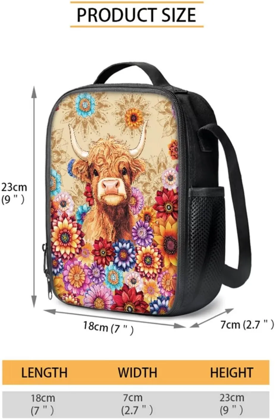 Poceacles School Backpack Set for Kids, 4-Piece Set with School Bag, Insulated Lunch Bag, Water Bottle Holder, Pencil Case, Stylish School Accessories Supplies, Bohemia Highland Cow Calf Flower