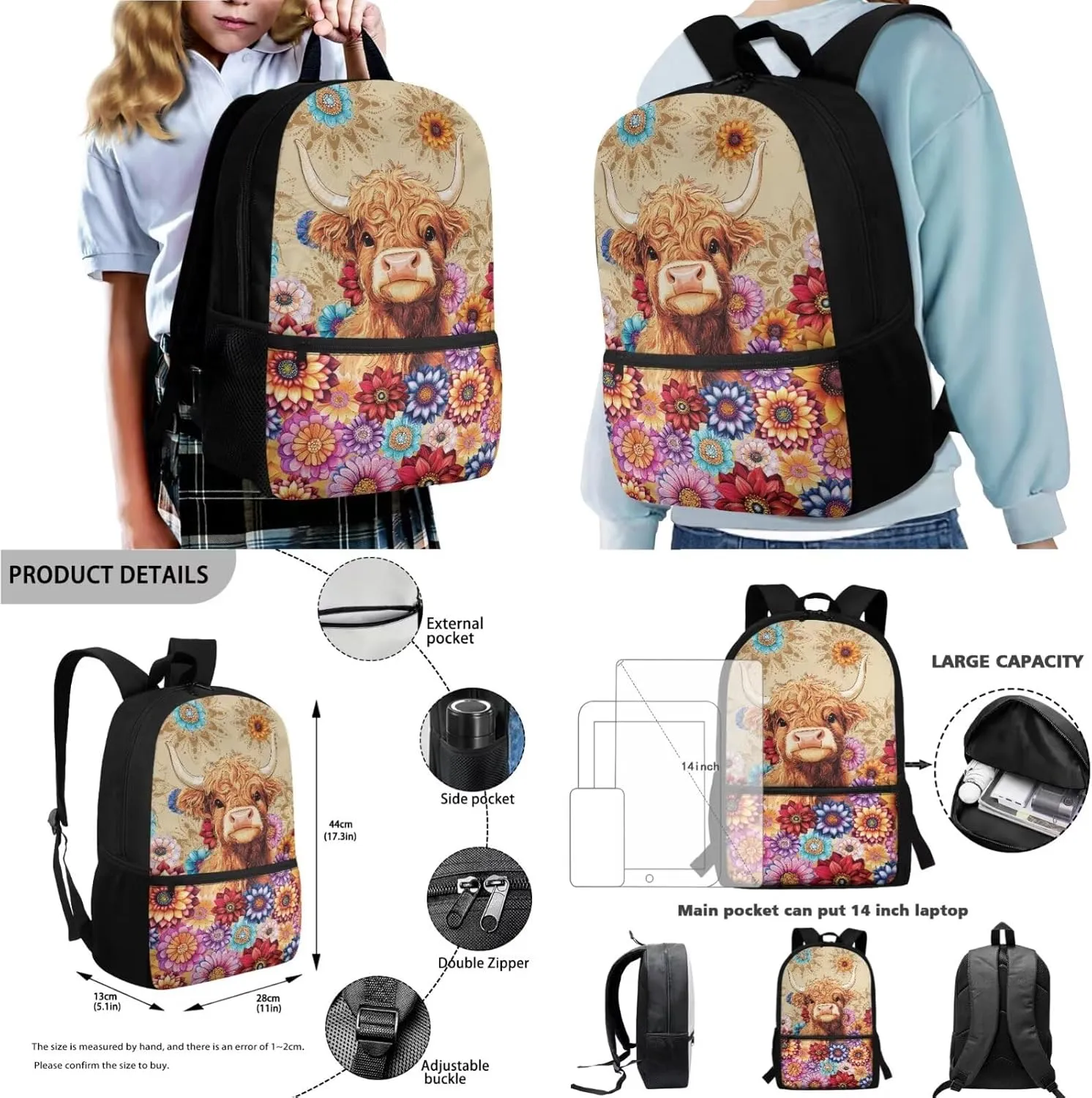 Poceacles School Backpack Set for Kids, 4-Piece Set with School Bag, Insulated Lunch Bag, Water Bottle Holder, Pencil Case, Stylish School Accessories Supplies, Bohemia Highland Cow Calf Flower