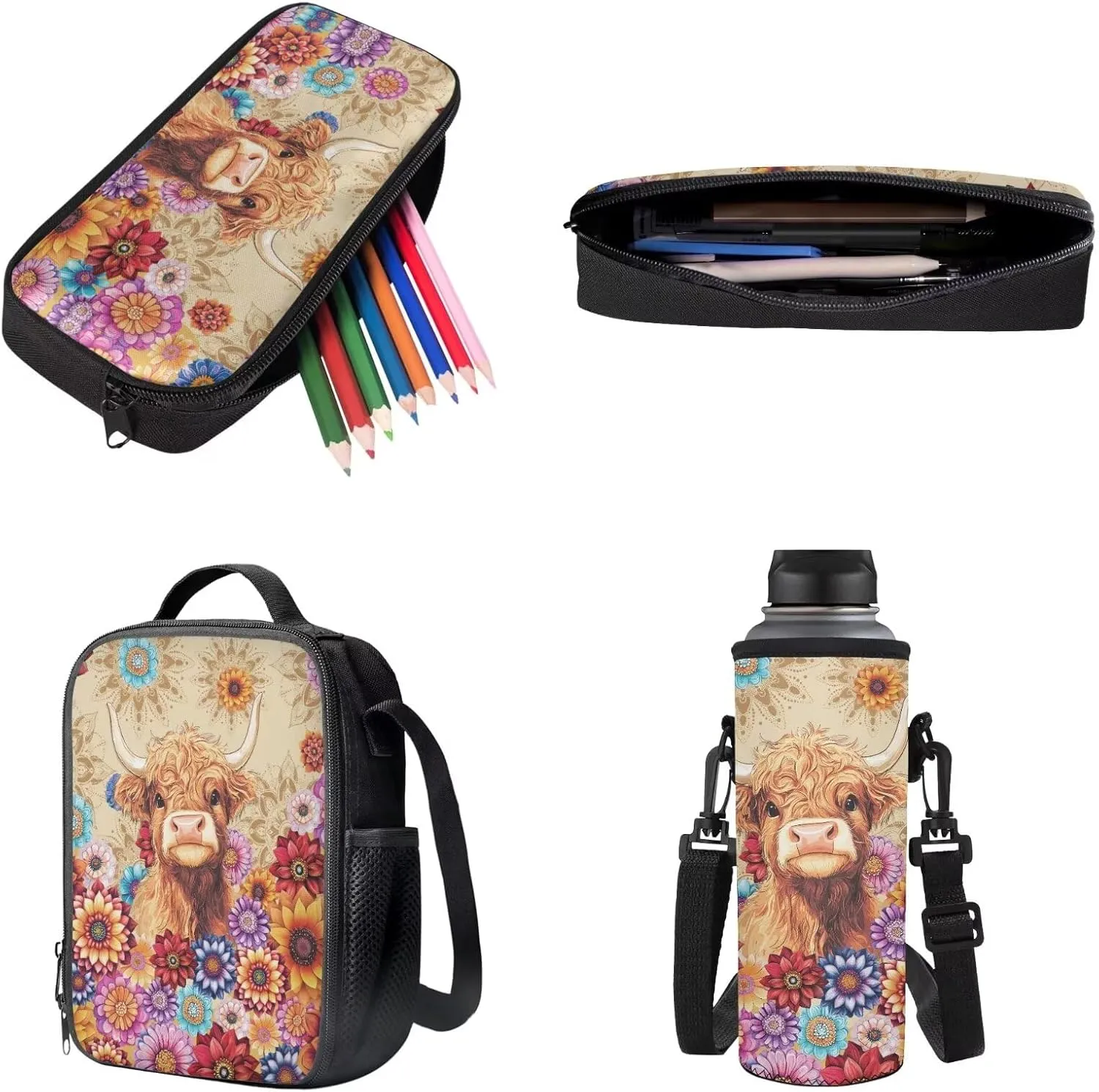 Poceacles School Backpack Set for Kids, 4-Piece Set with School Bag, Insulated Lunch Bag, Water Bottle Holder, Pencil Case, Stylish School Accessories Supplies, Bohemia Highland Cow Calf Flower