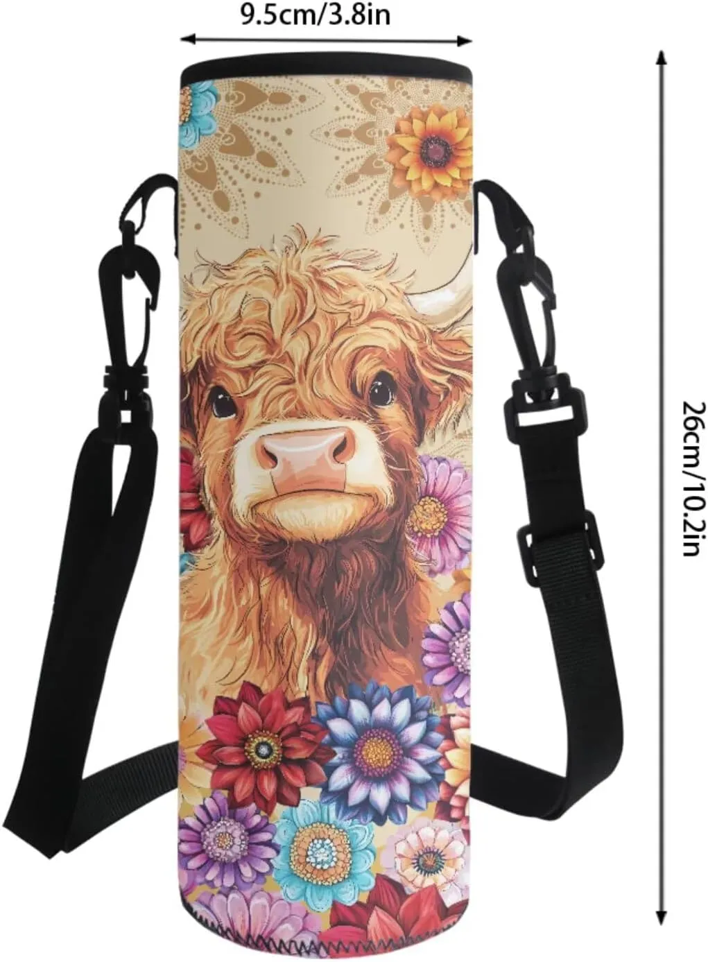 Poceacles School Backpack Set for Kids, 4-Piece Set with School Bag, Insulated Lunch Bag, Water Bottle Holder, Pencil Case, Stylish School Accessories Supplies, Bohemia Highland Cow Calf Flower