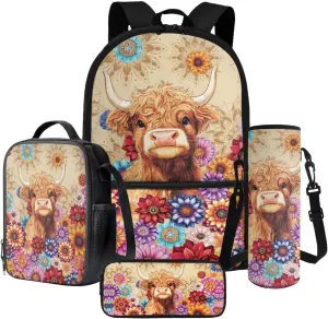 Poceacles School Backpack Set for Kids, 4-Piece Set with School Bag, Insulated Lunch Bag, Water Bottle Holder, Pencil Case, Stylish School Accessories Supplies, Bohemia Highland Cow Calf Flower