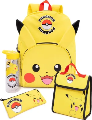 Pokemon Pikachu Backpack Set 4 Piece Pencil Case Lunch Set Water Bottle Yellow