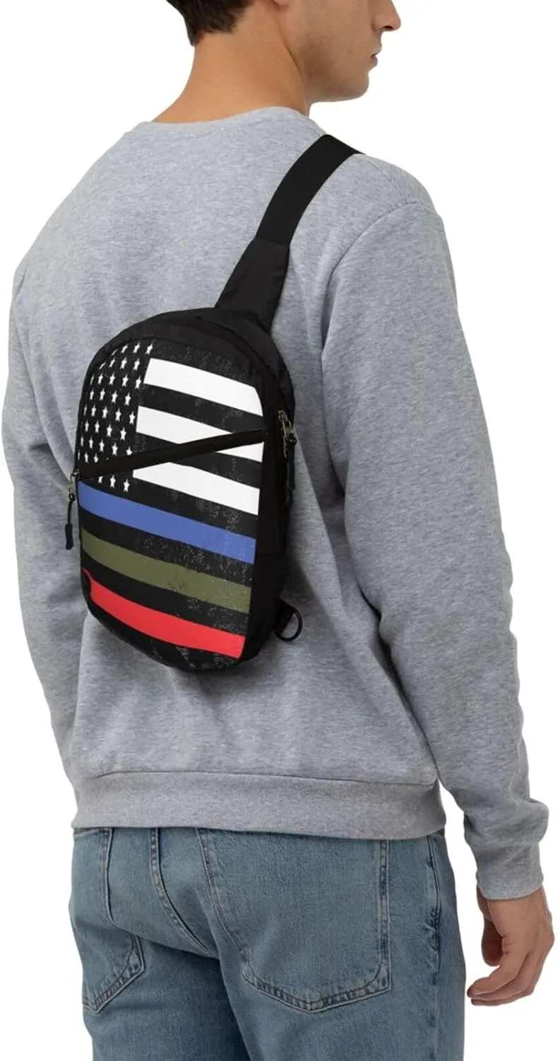 Police Military Fire American Flag Portable Sling Bags Packable Crossbody Bag Foldable Sport Daypack Reusable Shoulder Backpack Diagonally Chest Bag for Workout Travel