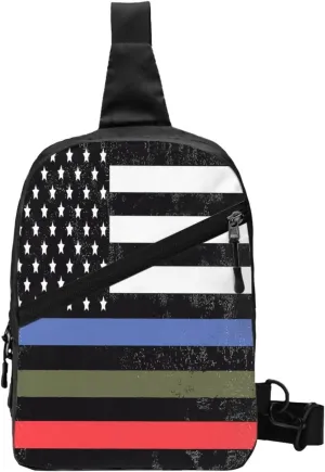 Police Military Fire American Flag Portable Sling Bags Packable Crossbody Bag Foldable Sport Daypack Reusable Shoulder Backpack Diagonally Chest Bag for Workout Travel