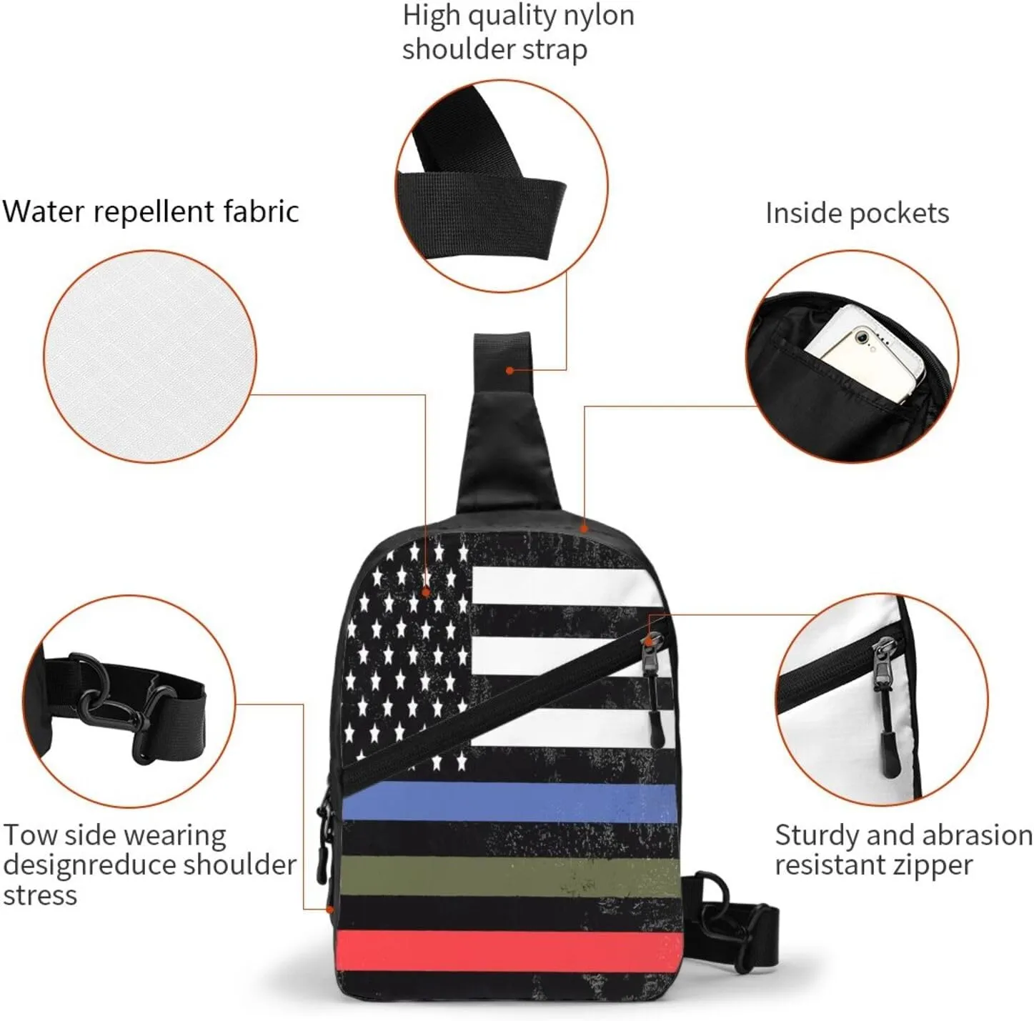 Police Military Fire American Flag Portable Sling Bags Packable Crossbody Bag Foldable Sport Daypack Reusable Shoulder Backpack Diagonally Chest Bag for Workout Travel