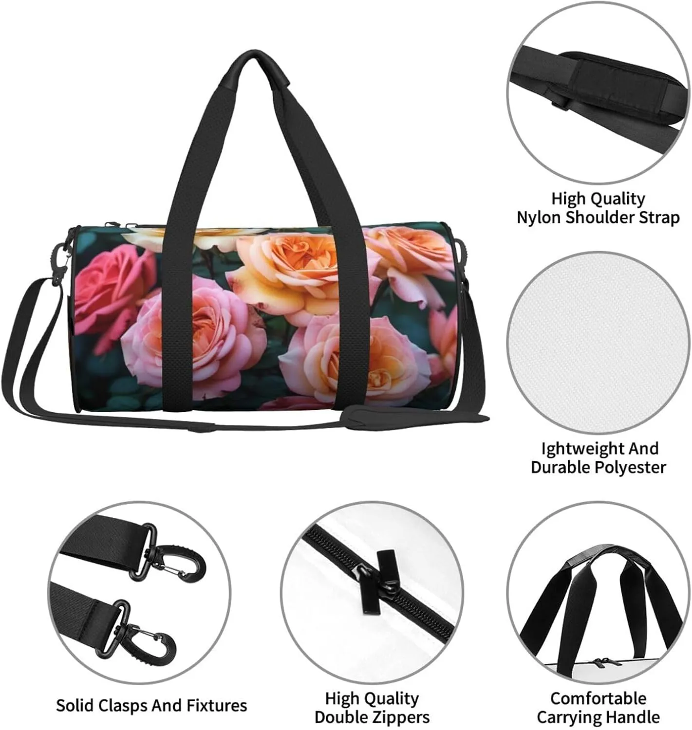 pretty roses Printed Travel Bag,Round Personal Item Storage bag,Foldie Duffel Bag for Traveling Vacation,Fitness,Sports