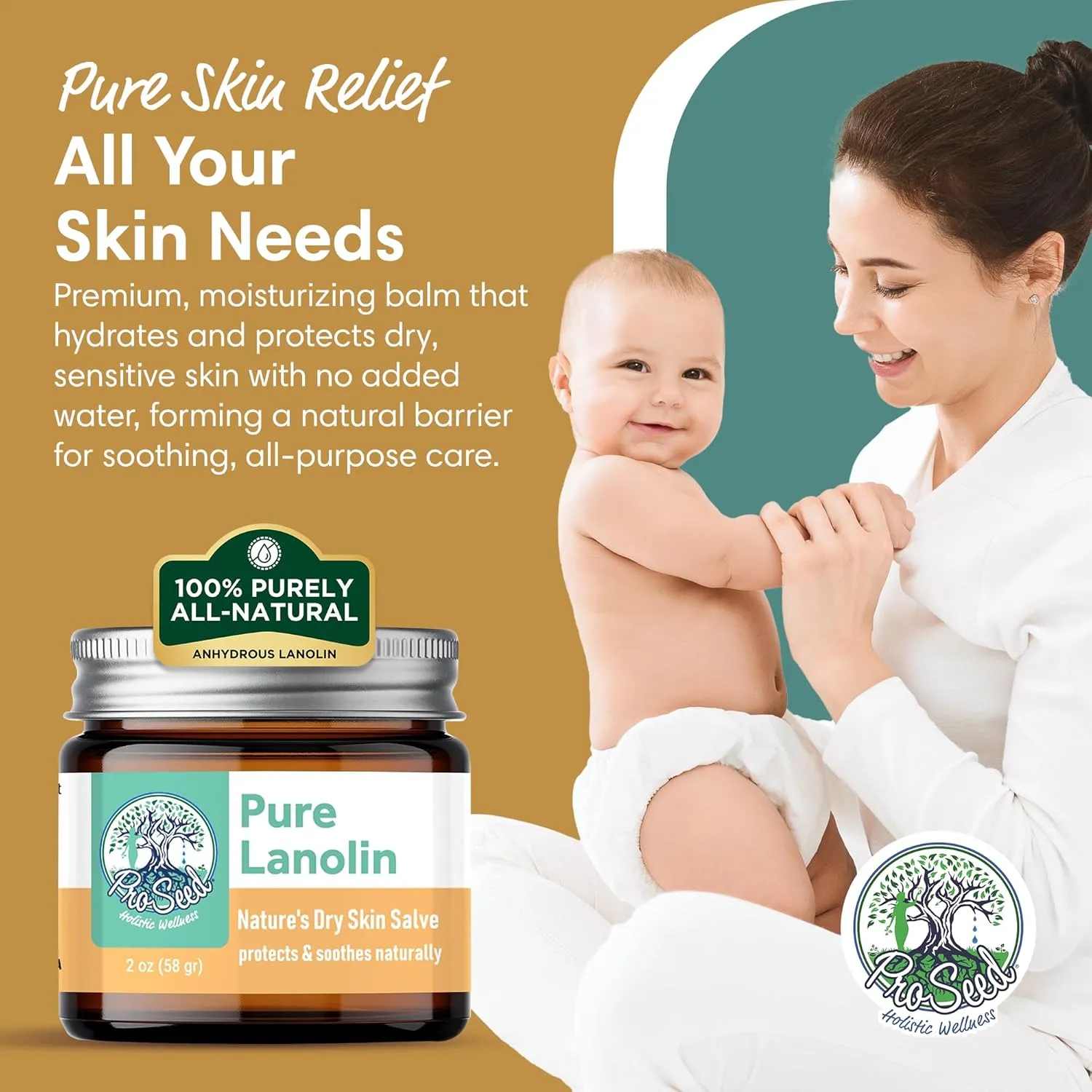ProSeed Handmade Pure Lanolin Balm – US Pharmacopeia Grade for Moms, Babies & Skin Essentials – Single Ingredient Moisturizer for Dry, Sensitive Skin – Glass Jar, 2oz